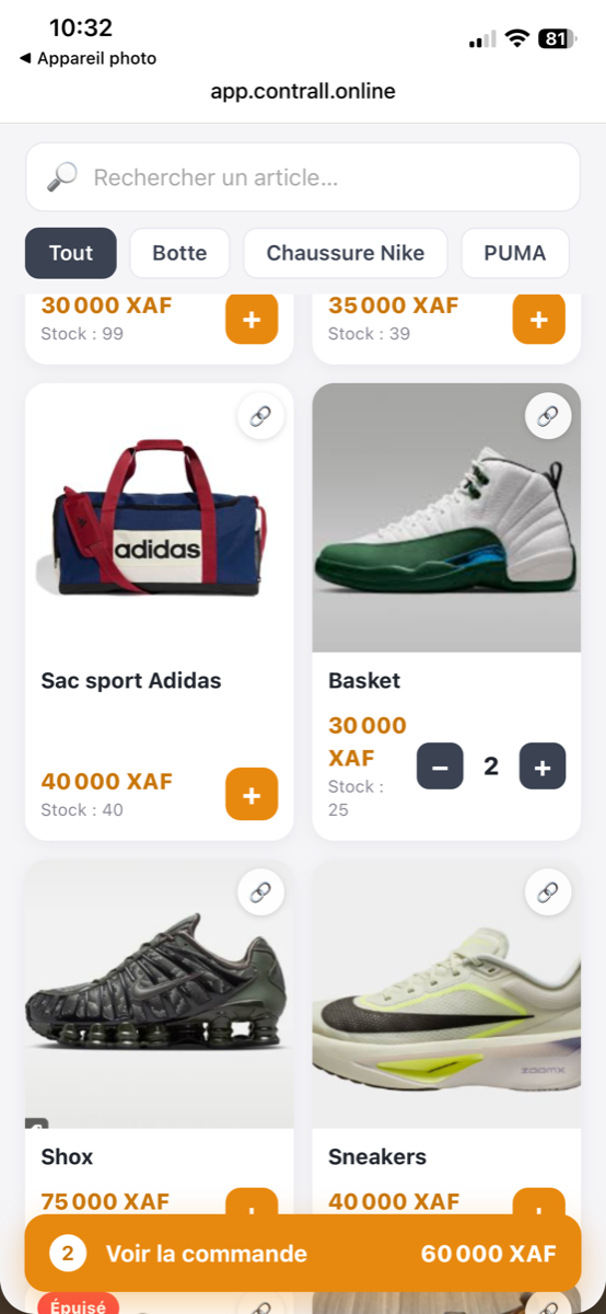 Catalogue avec panier et barre Voir la commande
