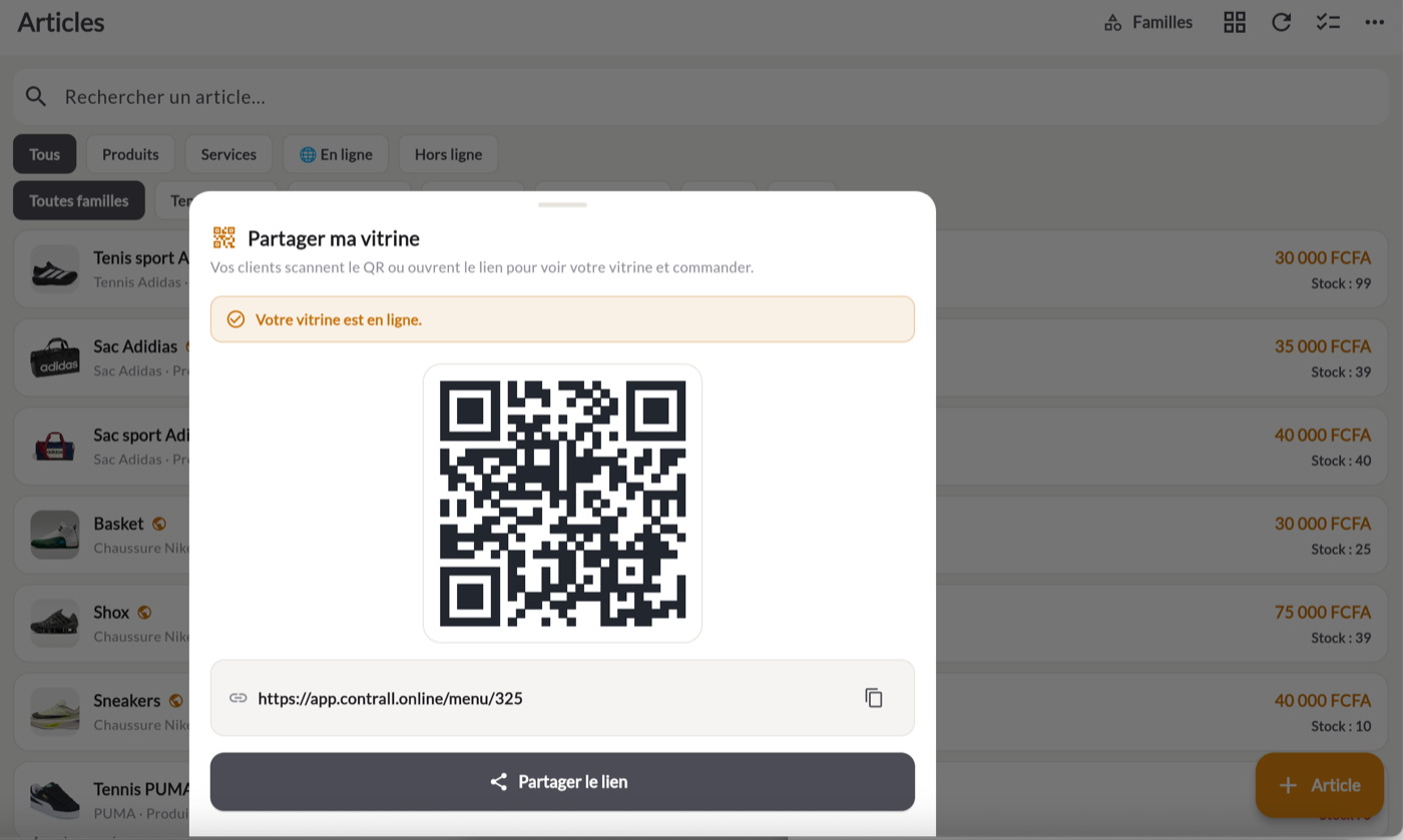 Partager ma vitrine : QR code et lien