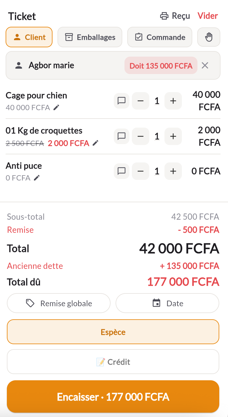 Ticket avec remise, ancienne dette et crédit client